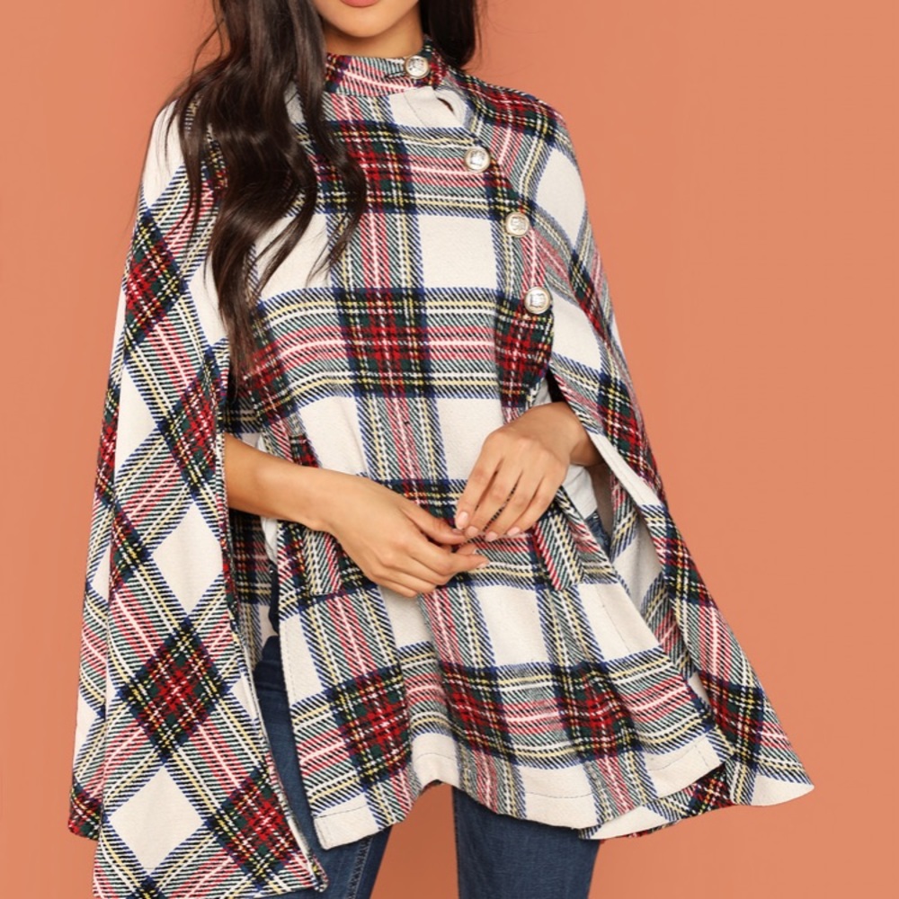 Red plaid cape coat with gold buttons NWOT